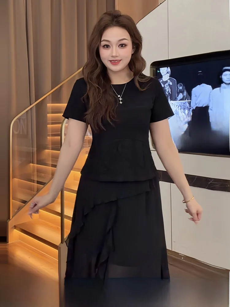 plus Size Women's Lace round Neck Short Sleeve T-Shirt Skirt Set Summer Slimming Fashion Korean Style High Waist A-Line Skirt
plus Size Women's Lace round Neck Short Sleeve T-Shirt Skirt Set Summer Slimming Fashion Korean Style High Waist A-Line Skirt