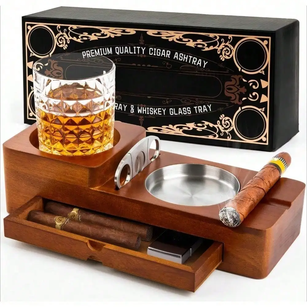 Cigar Ashtray Coaster Whiskey Glass Tray And Holder, Wooden Ash Tray Cigar Accessory Set Gift For Men Dad, Great Decor For Home (Large Drawer)
Cigar Ashtray Coaster Whiskey Glass Tray And Holder, Wooden Ash Tray Cigar Accessory Set Gift For Men Dad, Great Decor For Home (Large Drawer)