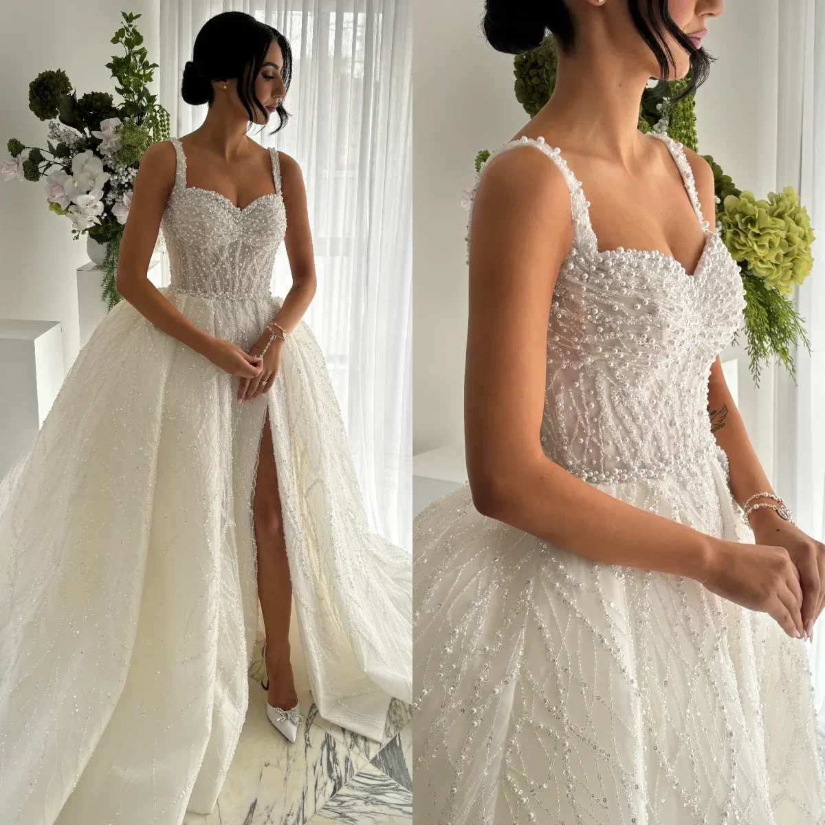 Customized Luxury Arabian Pearl Wedding Dress Sweetheart Spaghetti Strap A-line Bridal Dress Dubai Women's vestidos de novia
Customized Luxury Arabian Pearl Wedding Dress Sweetheart Spaghetti Strap A-line Bridal Dress Dubai Women's vestidos de novia