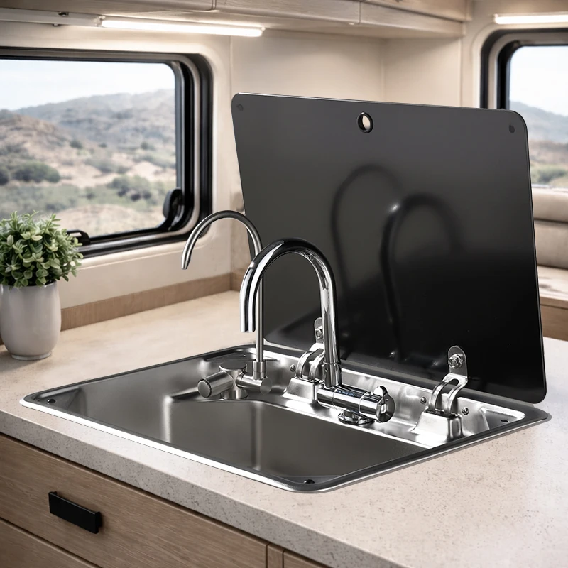 RV Kitchen Sink Stainless Steel with Foldable Faucet and Glass Lid for Campervan Motorhome
RV Kitchen Sink Stainless Steel with Foldable Faucet and Glass Lid for Campervan Motorhome