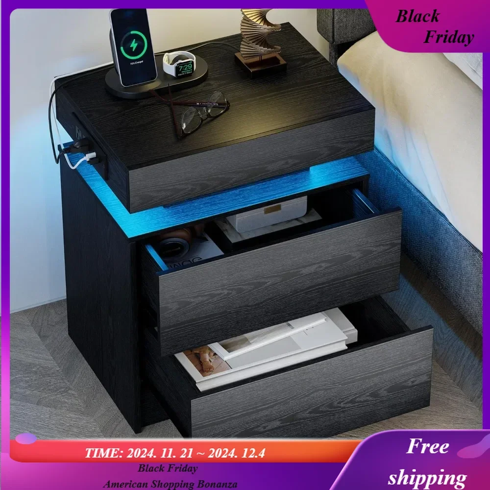 Night Stand with Charging Station, Modern Black Nightstand with LED Light and Drawers, Bedside Tables
Night Stand with Charging Station, Modern Black Nightstand with LED Light and Drawers, Bedside Tables