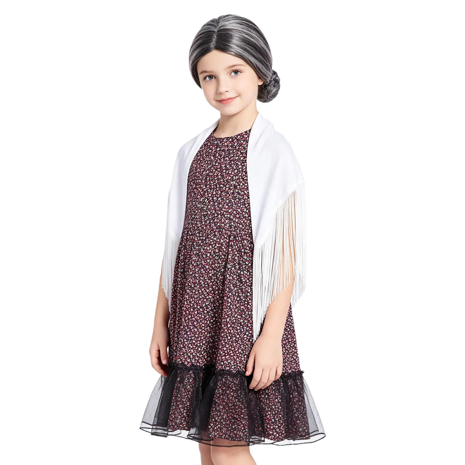 Girls Cosplay Grandma Outfit Floral Sleeveless Ruffle Mesh Hem Dress with Fringed Shawl Old Lady Costume for School Halloween
Girls Cosplay Grandma Outfit Floral Sleeveless Ruffle Mesh Hem Dress with Fringed Shawl Old Lady Costume for School Halloween