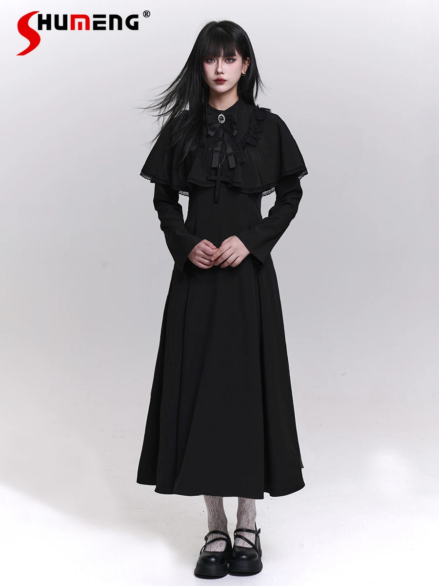 Gothic Style Elegant Dark Dress Round Neck Cape Spliced Long Sleeve Lace-up Bow High Waist A-line Long Dress for Women Autumn
Gothic Style Elegant Dark Dress Round Neck Cape Spliced Long Sleeve Lace-up Bow High Waist A-line Long Dress for Women Autumn