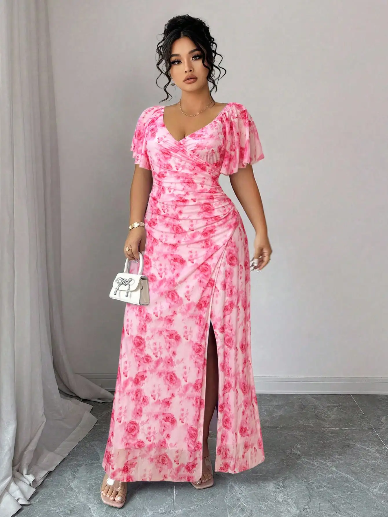 Pink Floral V-Neck Ruffle Sleeve Pleated Slit Maxi Dress For Wedding Party Holiday
Pink Floral V-Neck Ruffle Sleeve Pleated Slit Maxi Dress For Wedding Party Holiday