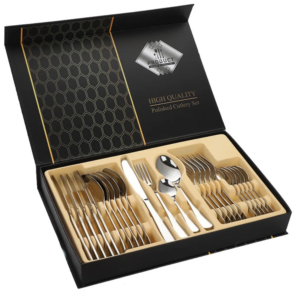 24 Pcs Food Grade Cutlery Set with Box Light Luxury Decor Dinner Spoon Fork Set Minimalist Portable Stainless Steel Tableware
24 Pcs Food Grade Cutlery Set with Box Light Luxury Decor Dinner Spoon Fork Set Minimalist Portable Stainless Steel Tableware