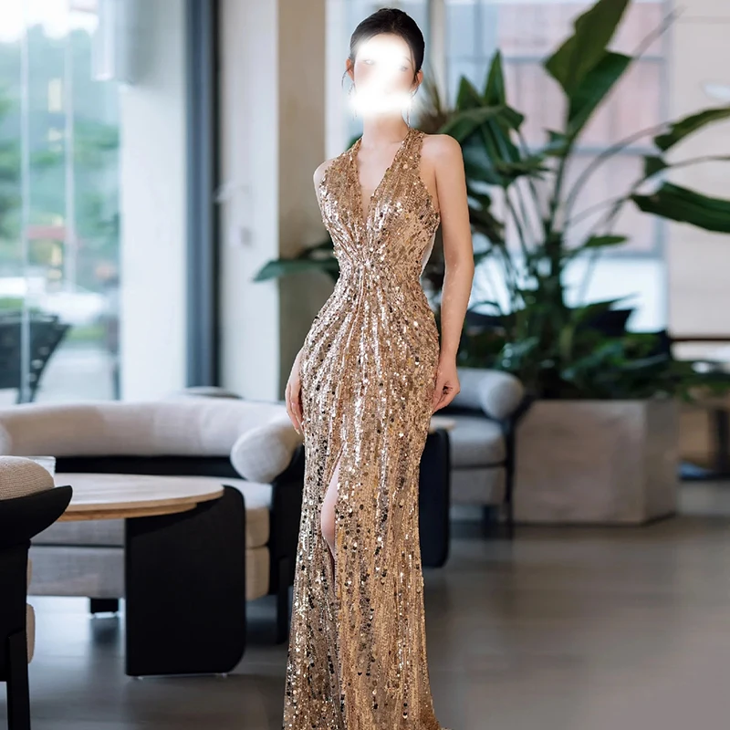 Gold Sequin Evening Dress Women's Ball Gown High Waist Fish Tail Wedding Dress Slimming Long Skirt without Sleeve V-Neck
Gold Sequin Evening Dress Women's Ball Gown High Waist Fish Tail Wedding Dress Slimming Long Skirt without Sleeve V-Neck