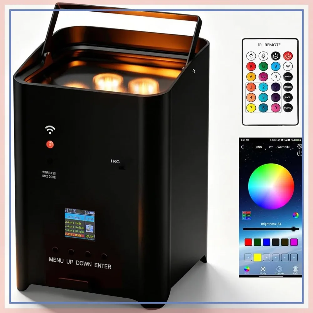 Rechargeable Wireless Stage Light, 6x18W Par Can, RGBWA+UV 6-in-1, Remote/APP/DMX512, 8800mAh DJ Light
Rechargeable Wireless Stage Light, 6x18W Par Can, RGBWA+UV 6-in-1, Remote/APP/DMX512, 8800mAh DJ Light
