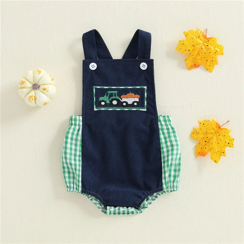 Baby Boy Halloween Romper Tractor Pumpkin Embroidered Plaid Square Neck Sleeveless Overall Jumpsuit for Fall Clothing
Baby Boy Halloween Romper Tractor Pumpkin Embroidered Plaid Square Neck Sleeveless Overall Jumpsuit for Fall Clothing