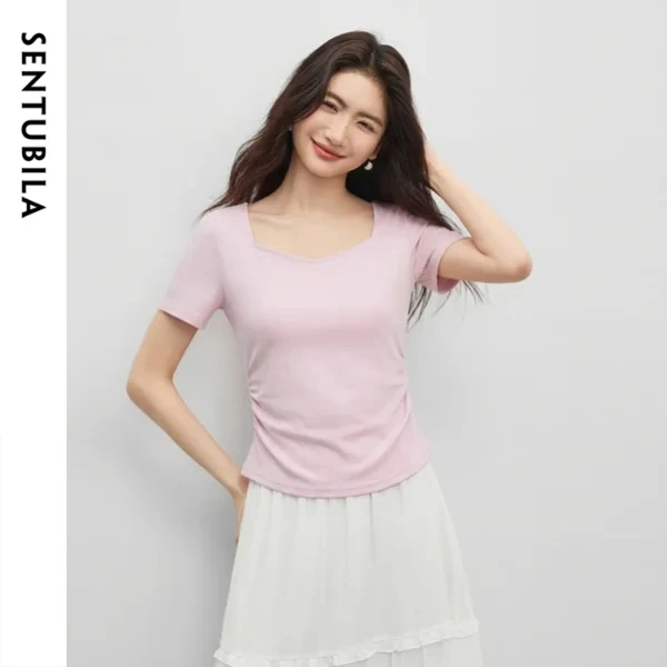 SENTUBILA Women's Minimalist T-Shirt 2026 Summer Simple Casual Pink Waist Side Pleat Slim Short Sleeve Knit Top 162TA6222
SENTUBILA Women's Minimalist T-Shirt 2026 Summer Simple Casual Pink Waist Side Pleat Slim Short Sleeve Knit Top 162TA6222