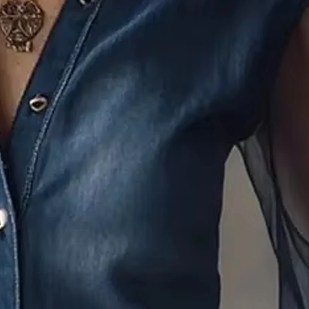 Women Western Style Denim Blouse Sheer Mesh Long Puff Sleeve Lapel Collar Button Down Shirt Casual Chic Blouse for Spring Autumn
Women Western Style Denim Blouse Sheer Mesh Long Puff Sleeve Lapel Collar Button Down Shirt Casual Chic Blouse for Spring Autumn