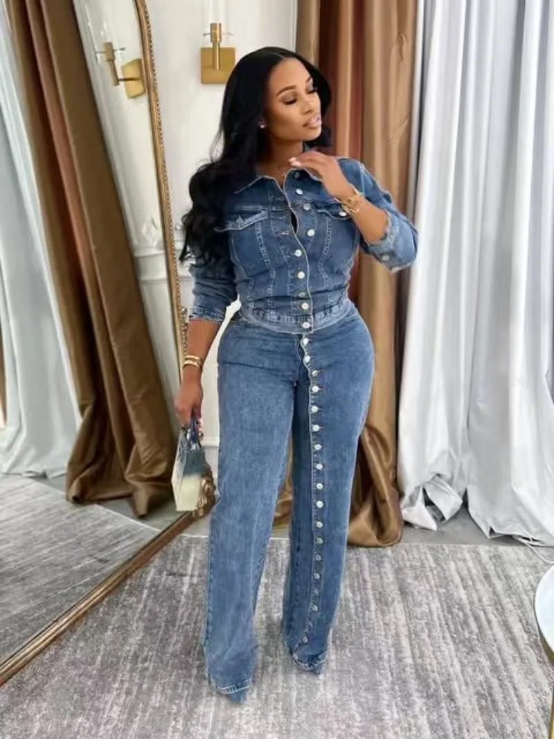 Однобортный джинсовый комплект из 2 предметов, женская куртка с отложным воротником и длинными рукавами, укороченные топы + прямые брюки с высокой талией, джинсовые костюмы
Однобортный джинсовый комплект из 2 предметов, женская куртка с отложным воротником и длинными рукавами, укороченные топы + прямые брюки с высокой талией, джинсовые костюмы