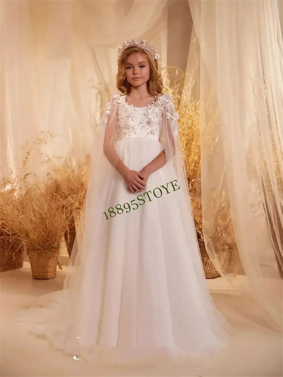 White Flower Girl Dresses Beading Handmade Flower with Cape Princess Kids Gown for Wedding Birthday Party
White Flower Girl Dresses Beading Handmade Flower with Cape Princess Kids Gown for Wedding Birthday Party
