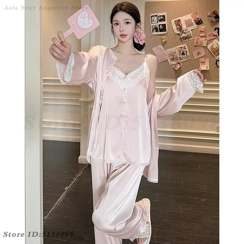 Pink Pajamas Set 3 Pieces Sleepwear Lady Sexy Lace Cami&Shirt&Pants Pajamas Suit Summer Ice Silk Nightwear Lingerie Home Clothes
Pink Pajamas Set 3 Pieces Sleepwear Lady Sexy Lace Cami&Shirt&Pants Pajamas Suit Summer Ice Silk Nightwear Lingerie Home Clothes