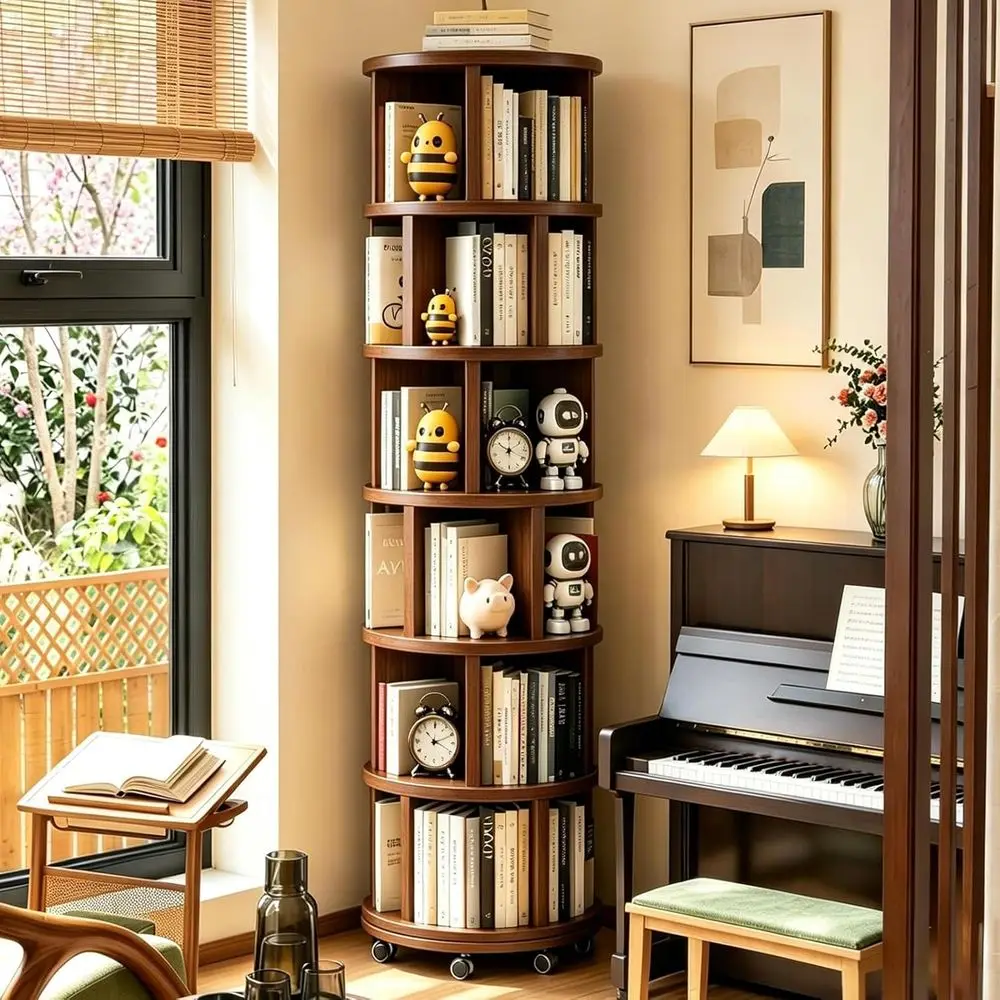 6-Tier Wooden 360° Rotating Bookshelf with Wheels for Compact Spaces, Ideal for Home, Office, and Kids' Rooms in Walnut Finish
6-Tier Wooden 360° Rotating Bookshelf with Wheels for Compact Spaces, Ideal for Home, Office, and Kids' Rooms in Walnut Finish