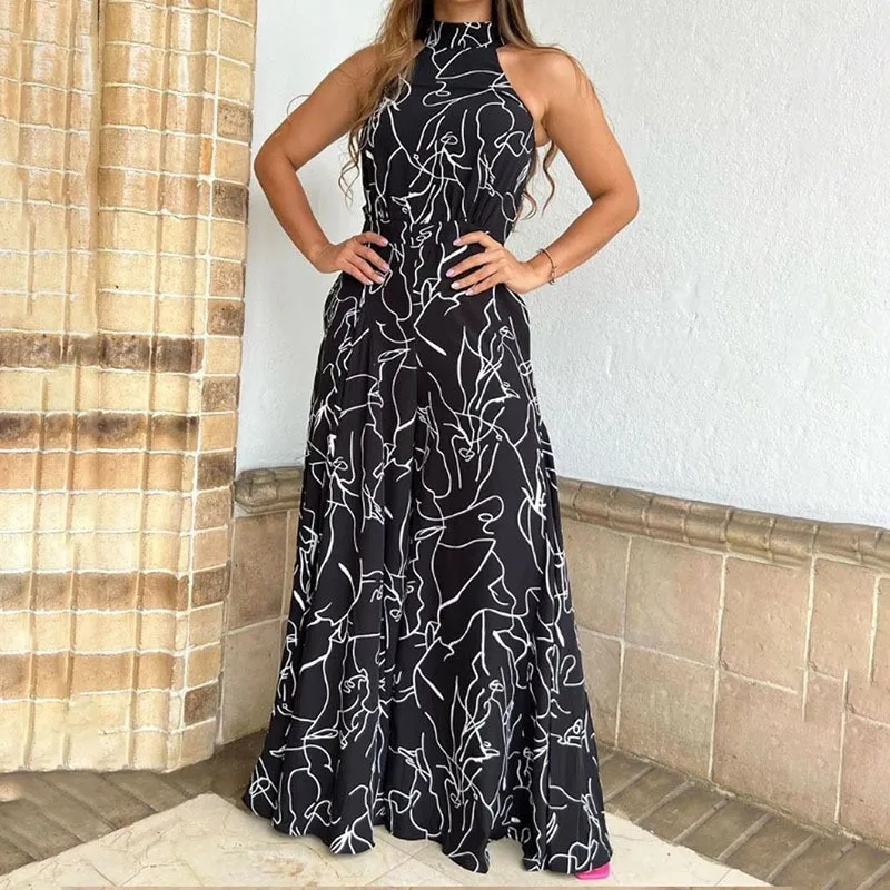 Halter Neck Abstract Print Wide Leg Jumpsuit Women Sleeveless High Waist Casual Pants With Side Pockets
Halter Neck Abstract Print Wide Leg Jumpsuit Women Sleeveless High Waist Casual Pants With Side Pockets