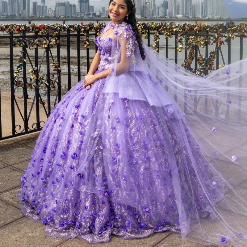 Lavender Shiny Quinceanera Dresses Off The Shoulder Applique Flower Beading Crystal Tull With Cape Corset Party Birthday Sweet
Lavender Shiny Quinceanera Dresses Off The Shoulder Applique Flower Beading Crystal Tull With Cape Corset Party Birthday Sweet