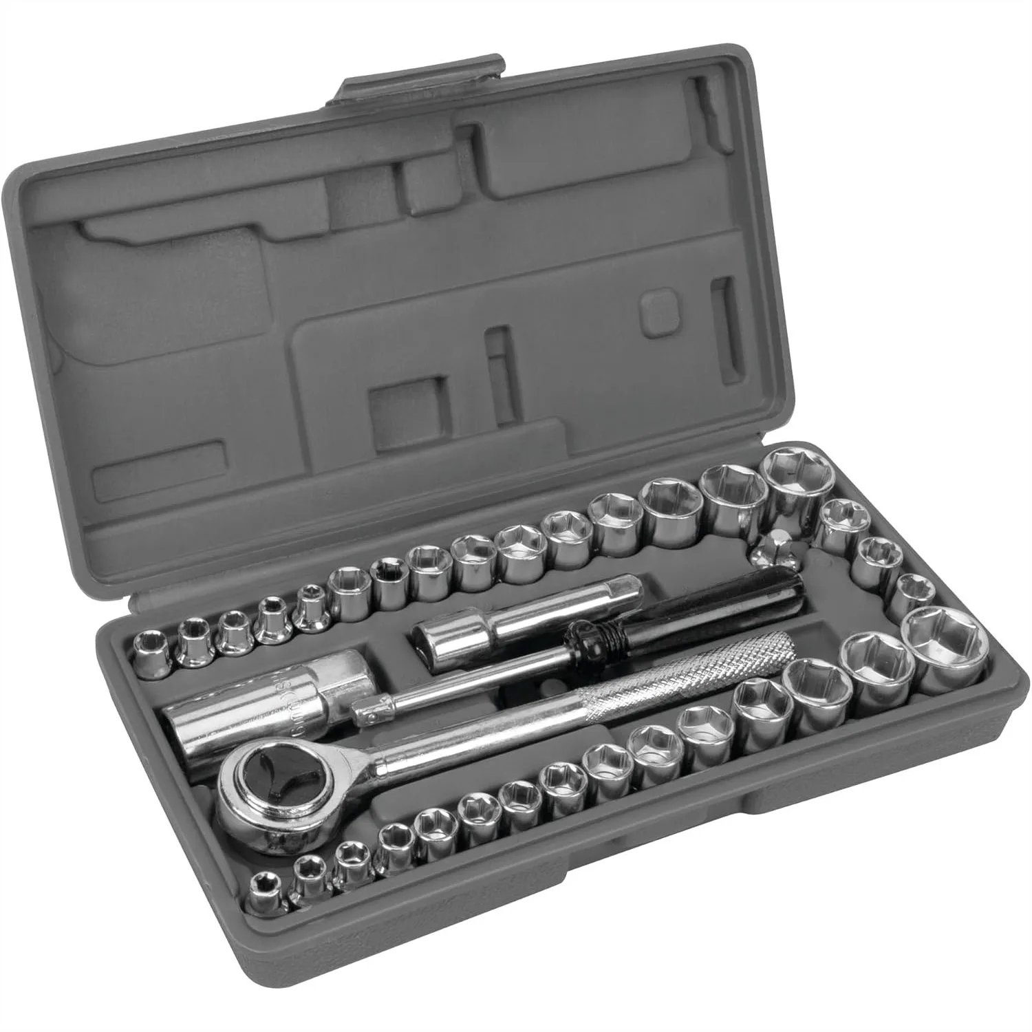 40-Piece Socket Set with Ratchet, 1/4 & 3/8 Inch Drive, SAE & Metric Sizes, Blow-Molded Case
40-Piece Socket Set with Ratchet, 1/4 & 3/8 Inch Drive, SAE & Metric Sizes, Blow-Molded Case