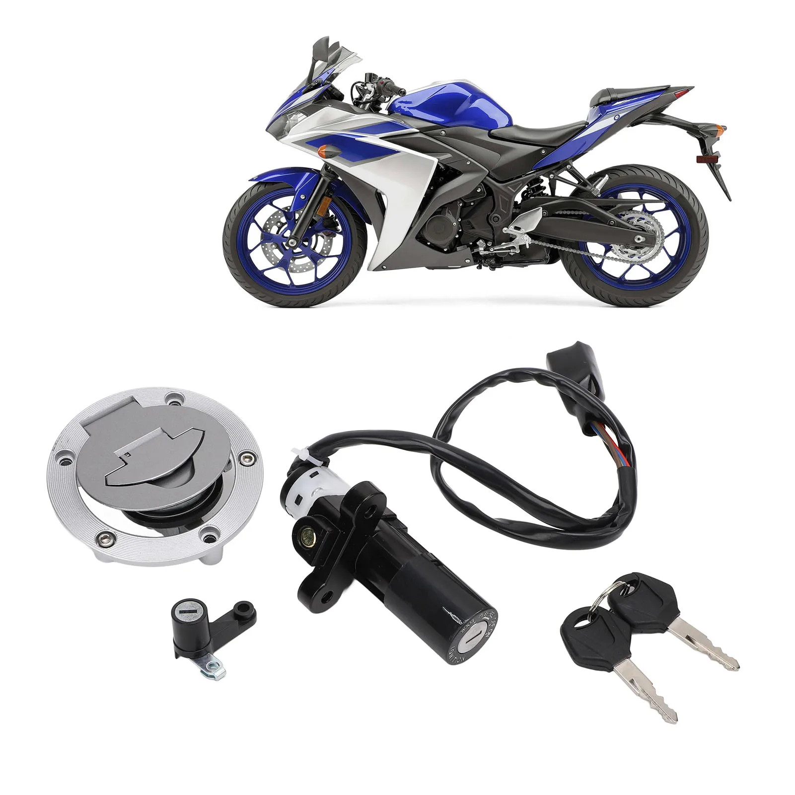 Профессиональный комплект замка зажигания, крышка топливного бака, замок безопасности шлема, алюминиевый сплав, YZF-R3, 2015–2018 гг.
Профессиональный комплект замка зажигания, крышка топливного бака, замок безопасности шлема, алюминиевый сплав, YZF-R3, 2015–2018 гг.