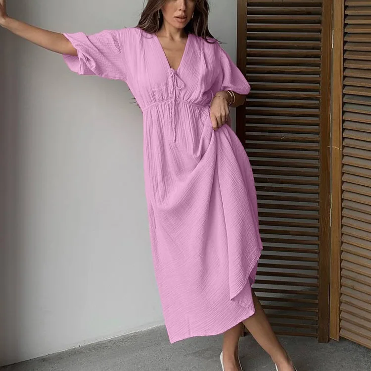 Summer Loose Apricot Cotton Women Dress 2026 Sexy V-Neck Short Sleeve Ankle Length Dresses Elegant Lace-Up Female Dress
Summer Loose Apricot Cotton Women Dress 2026 Sexy V-Neck Short Sleeve Ankle Length Dresses Elegant Lace-Up Female Dress