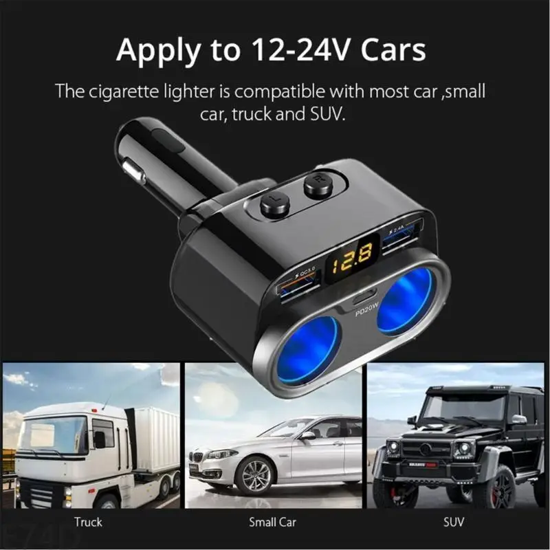 E74D Car Charger, 2 Sockets Cigarettes Lighter Splitter 12/24V Dual USB Ports with Independantly Switch & Voltage Detection
E74D Car Charger, 2 Sockets Cigarettes Lighter Splitter 12/24V Dual USB Ports with Independantly Switch & Voltage Detection