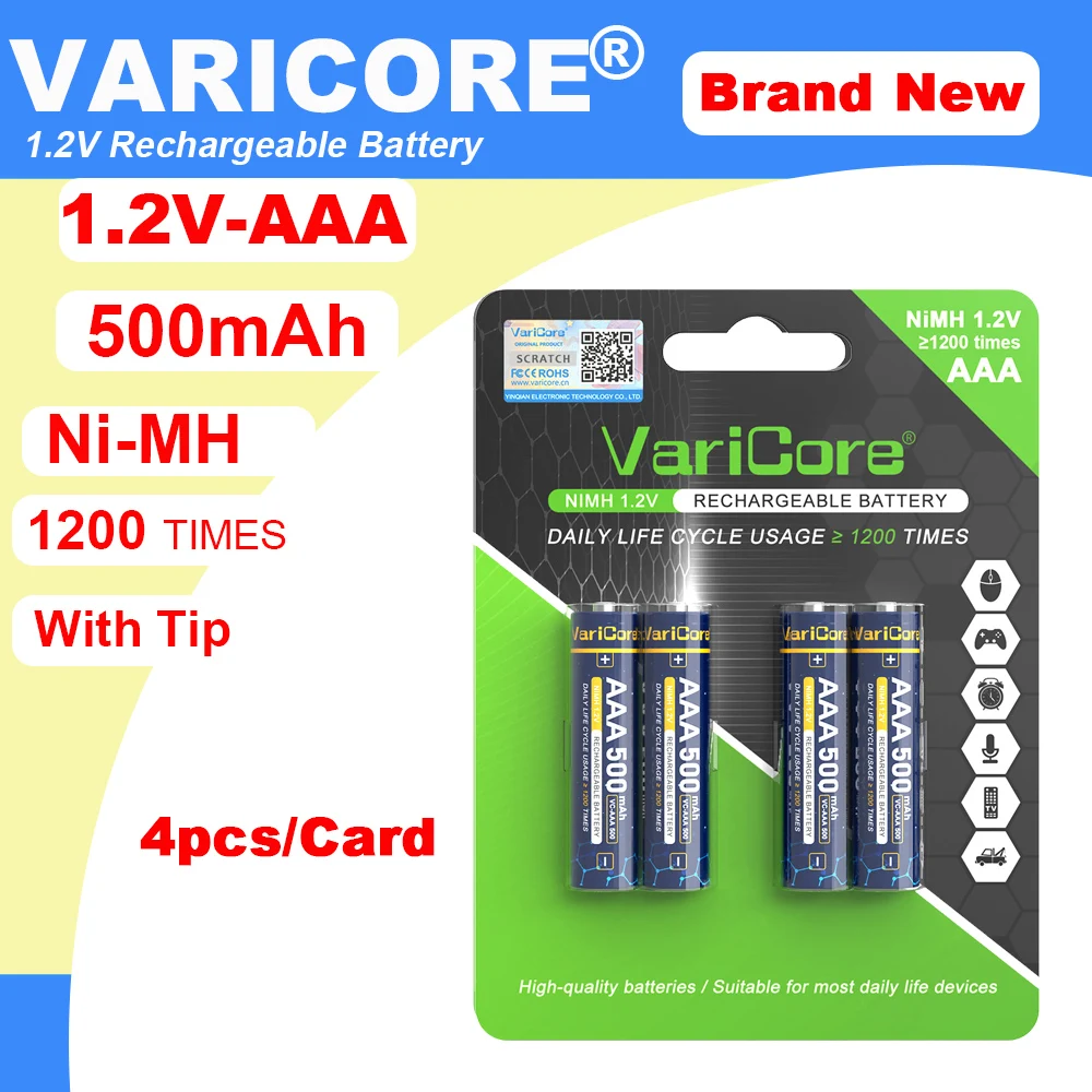 4 шт./карта VariCore 1,2 В AAA 500 мАч NiMH аккумуляторная батарея для фонарика, игрушек, пульта дистанционного управления
4 шт./карта VariCore 1,2 В AAA 500 мАч NiMH аккумуляторная батарея для фонарика, игрушек, пульта дистанционного управления