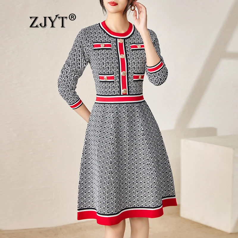 

ZJYT Women's Geometric Print Knitting Sweater Dresses Long Sleeve Fashion Spring Autumn Dress Vintage Casual Basics Vestidos New
