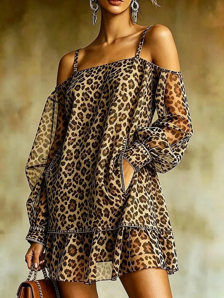 Leopard Print Off Shoulder Mini Dress Women Elegant Suspender Dress Fashion Lantern Sleeve Pocket Straight Chic Party Dress
Leopard Print Off Shoulder Mini Dress Women Elegant Suspender Dress Fashion Lantern Sleeve Pocket Straight Chic Party Dress