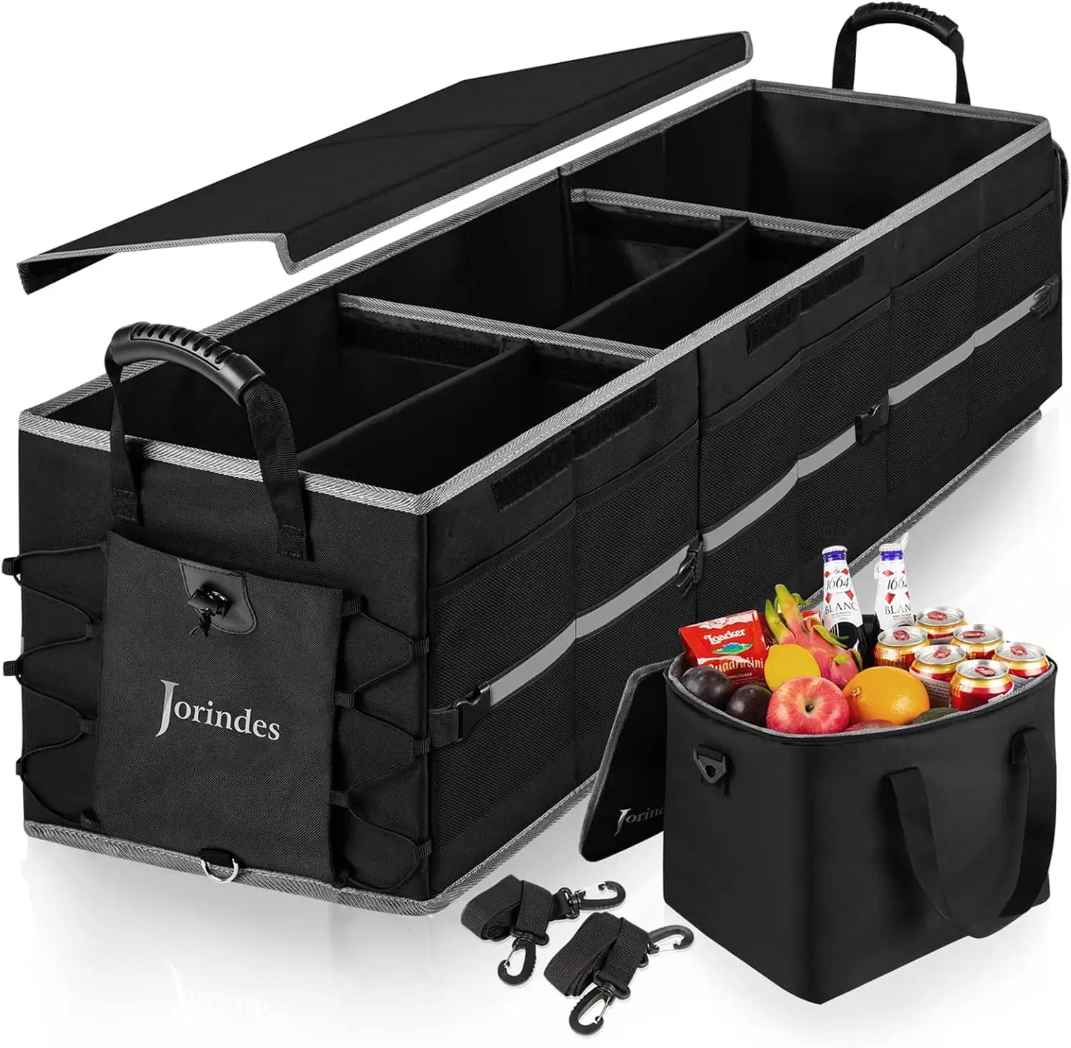 Collapsible Car Trunk Organizer with Insulated Cooler, 3 Compartments, Foldable Lid, 5-in-1 Storage with Tie-Down Straps (Black)
Collapsible Car Trunk Organizer with Insulated Cooler, 3 Compartments, Foldable Lid, 5-in-1 Storage with Tie-Down Straps (Black)