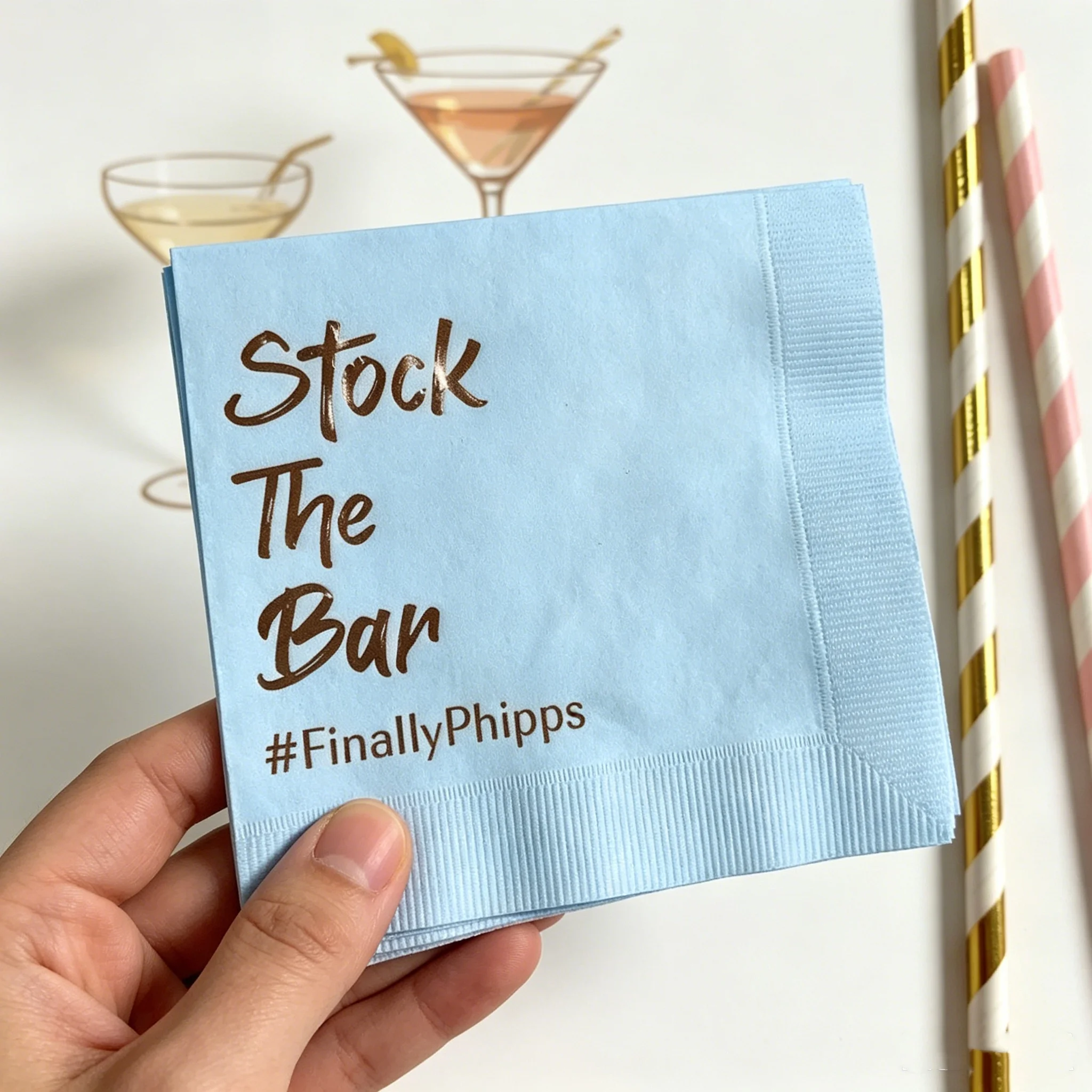 50pcs Custom "Stock The Bar" Cocktail Napkins, Personalized Hashtag & Name Printed Napkins with Rose Gold Foil for Stock The Bar
50pcs Custom "Stock The Bar" Cocktail Napkins, Personalized Hashtag & Name Printed Napkins with Rose Gold Foil for Stock The Bar