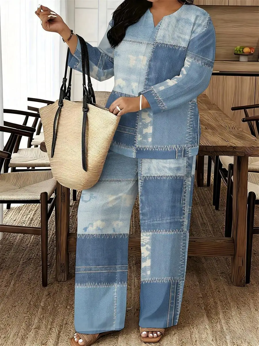 Casual Linen-Like Denim Patchwork V-Neck Long Pants Set For Women Light Blue
Casual Linen-Like Denim Patchwork V-Neck Long Pants Set For Women Light Blue