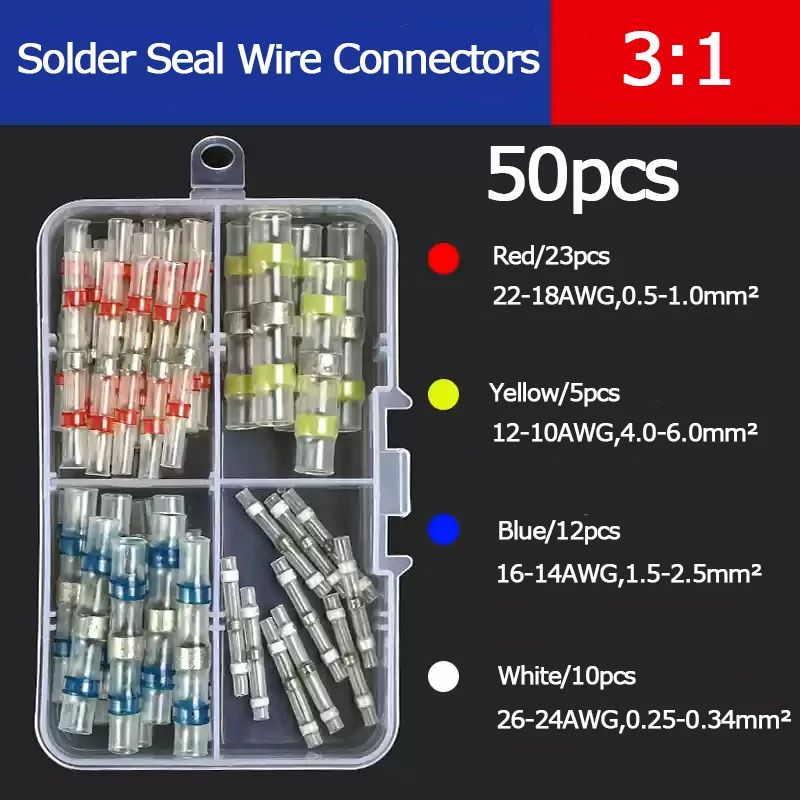 Box type welding wire connector, 50-220 pieces, 3:1 heat shrinkable insulated wire terminal, waterproof docking joint
Box type welding wire connector, 50-220 pieces, 3:1 heat shrinkable insulated wire terminal, waterproof docking joint