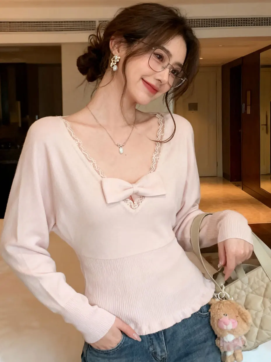 Women's Lace Knitted Base Shirt V-Neck Tie Waist Knot Slim Fit Sweater Korean Style Long Sleeve Polyester Fiber
Women's Lace Knitted Base Shirt V-Neck Tie Waist Knot Slim Fit Sweater Korean Style Long Sleeve Polyester Fiber