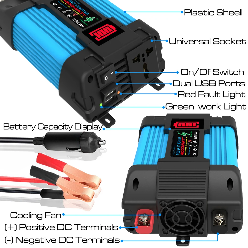 Car Power Inverter LED Red Green Work Lights Battery Capacity Display Multiple Protection for Car Household Electric Appliances
Car Power Inverter LED Red Green Work Lights Battery Capacity Display Multiple Protection for Car Household Electric Appliances