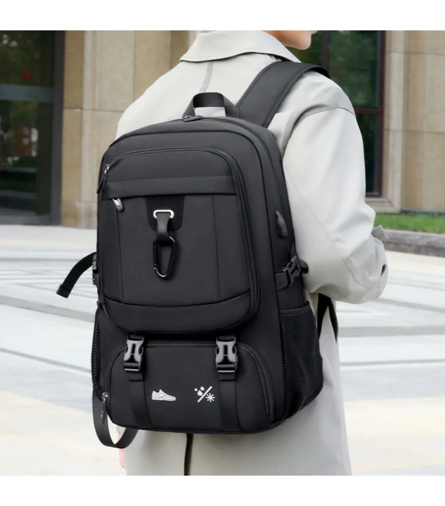 Black large capacity backpack with separate shoe compartment anti splash side USB for travel student daily storage
Black large capacity backpack with separate shoe compartment anti splash side USB for travel student daily storage
