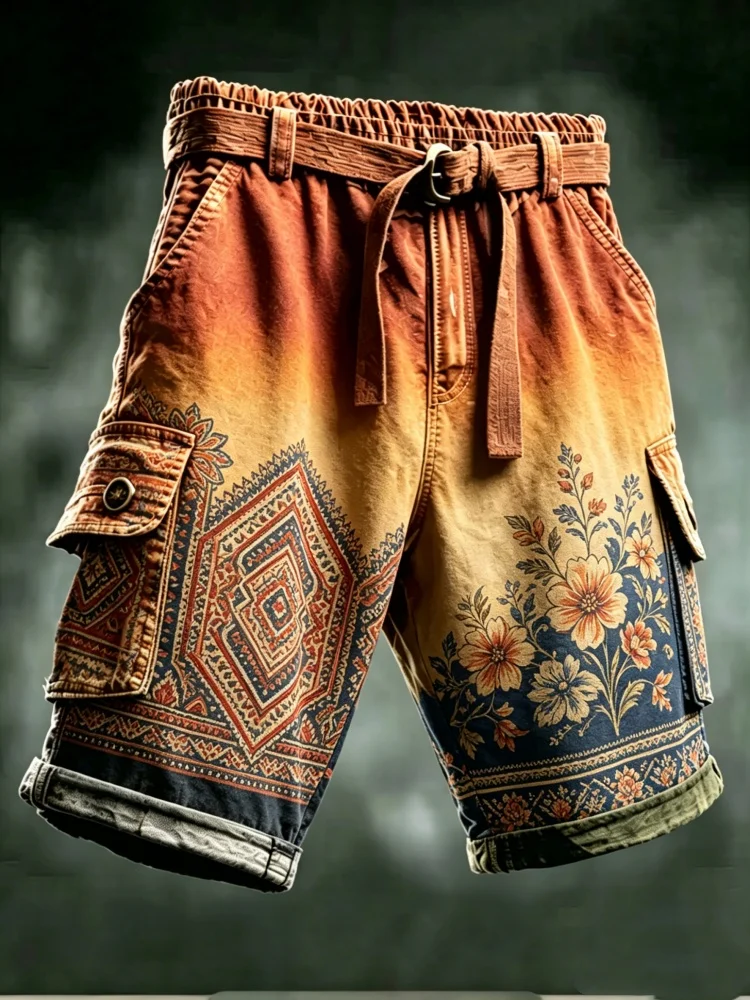 Mens Cargo Shorts Vintage Ethnic Print Gradient Color Loose Fit Bohemian Floral Shorts with Belt
Mens Cargo Shorts Vintage Ethnic Print Gradient Color Loose Fit Bohemian Floral Shorts with Belt