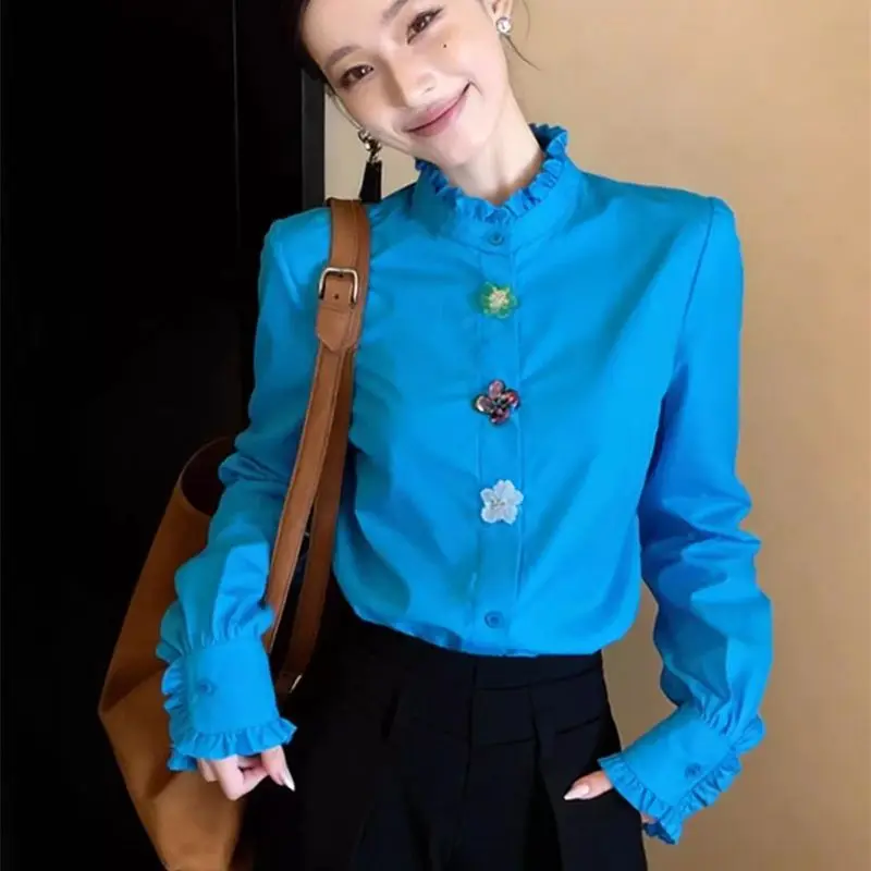French high-end blue long-sleeved shirt women's 2026 spring new super fairy temperament versatile and thin stand-up collar top
French high-end blue long-sleeved shirt women's 2026 spring new super fairy temperament versatile and thin stand-up collar top