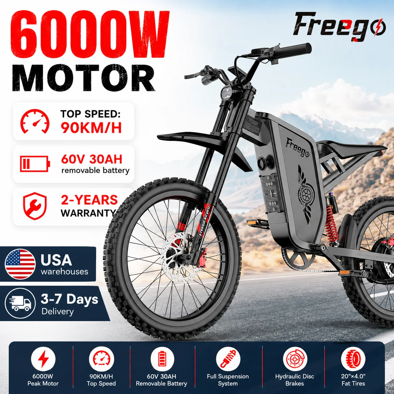 Freego Electric Bike 6000W Motor 60V/30Ah 1800Wh Battery 50MPH Electric Motorcycle Speed 90Kmh Adult Off Road EBike UL Certified
Freego Electric Bike 6000W Motor 60V/30Ah 1800Wh Battery 50MPH Electric Motorcycle Speed 90Kmh Adult Off Road EBike UL Certified