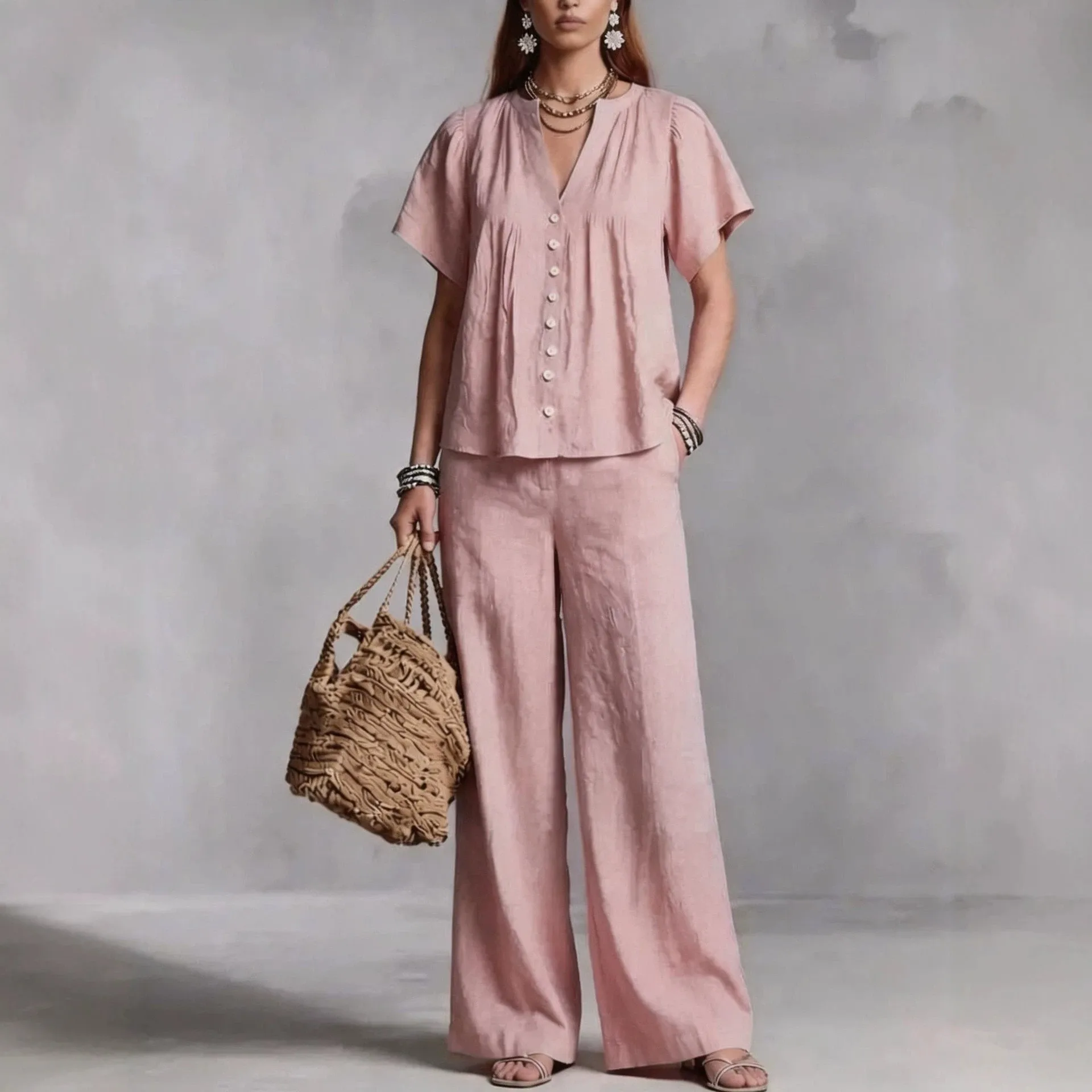 Women's Summer Casual Two Piece Set Short Sleeve V Neck Blouse & Loose Wide Leg Pants Simple Solid Beach Holiday Daily Outfit
Women's Summer Casual Two Piece Set Short Sleeve V Neck Blouse & Loose Wide Leg Pants Simple Solid Beach Holiday Daily Outfit