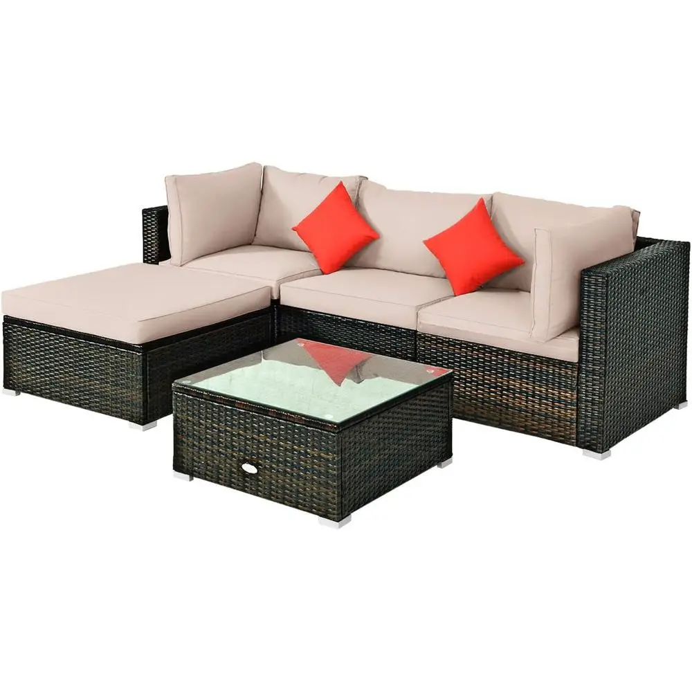 5-Piece Outdoor Wicker Sectional Sofa Set with Ottoman, Coffee Table, Cushions, and Pillows for Patio, Garden, or Balcony
5-Piece Outdoor Wicker Sectional Sofa Set with Ottoman, Coffee Table, Cushions, and Pillows for Patio, Garden, or Balcony