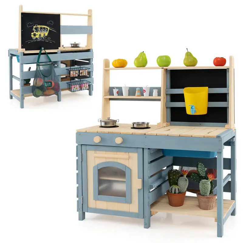 2-In-1 Outdoor Mud Kitchen with Faucet and Extra Chalkboard
2-In-1 Outdoor Mud Kitchen with Faucet and Extra Chalkboard