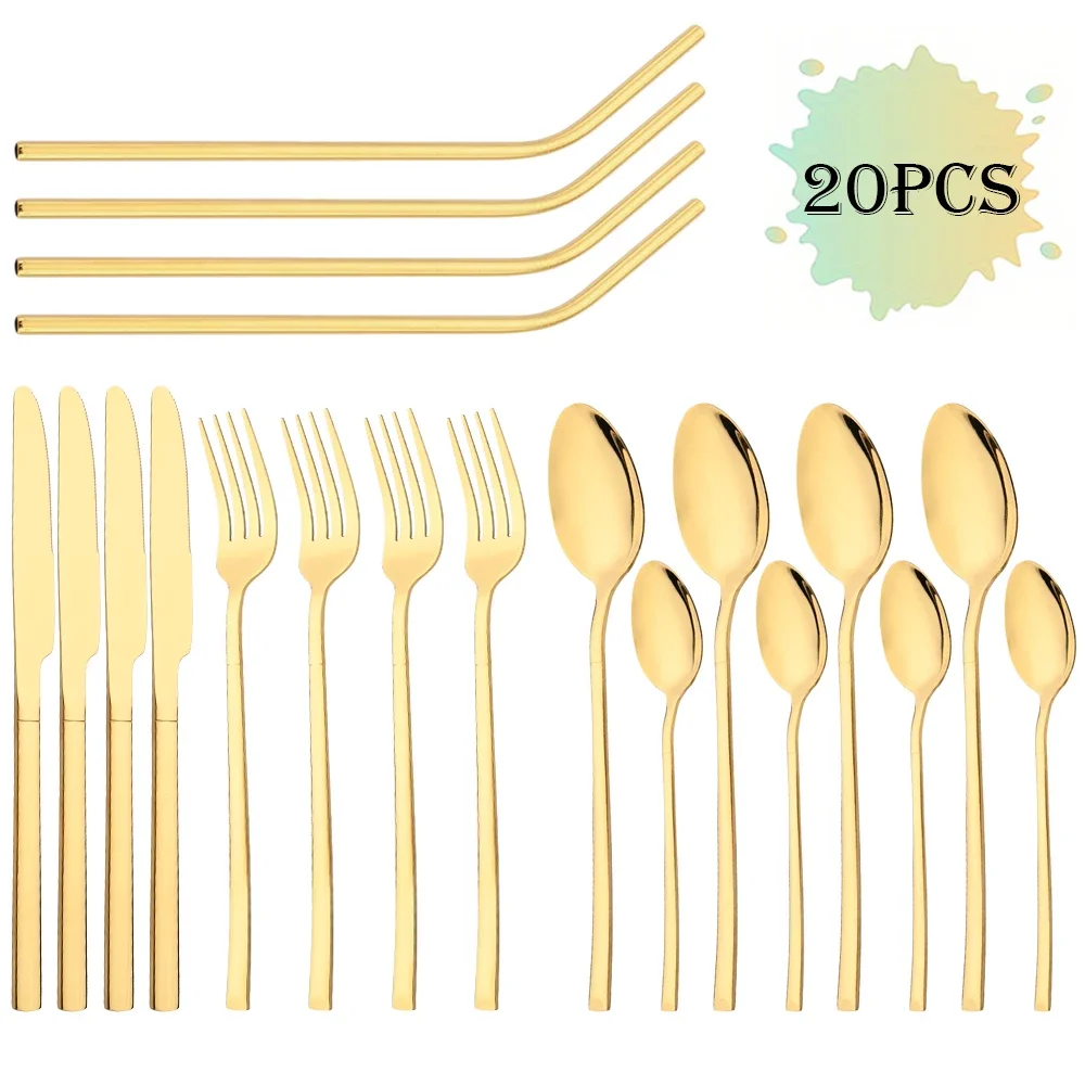 20 шт., роскошный золотой набор столовой посуды, посуда из нержавеющей стали, нож, вилка, ложка, чайная ложка, набор столовых приборов из металлической соломы, кухонные столовые приборы
20 шт., роскошный золотой набор столовой посуды, посуда из нержавеющей стали, нож, вилка, ложка, чайная ложка, набор столовых приборов из металлической соломы, кухонные столовые приборы