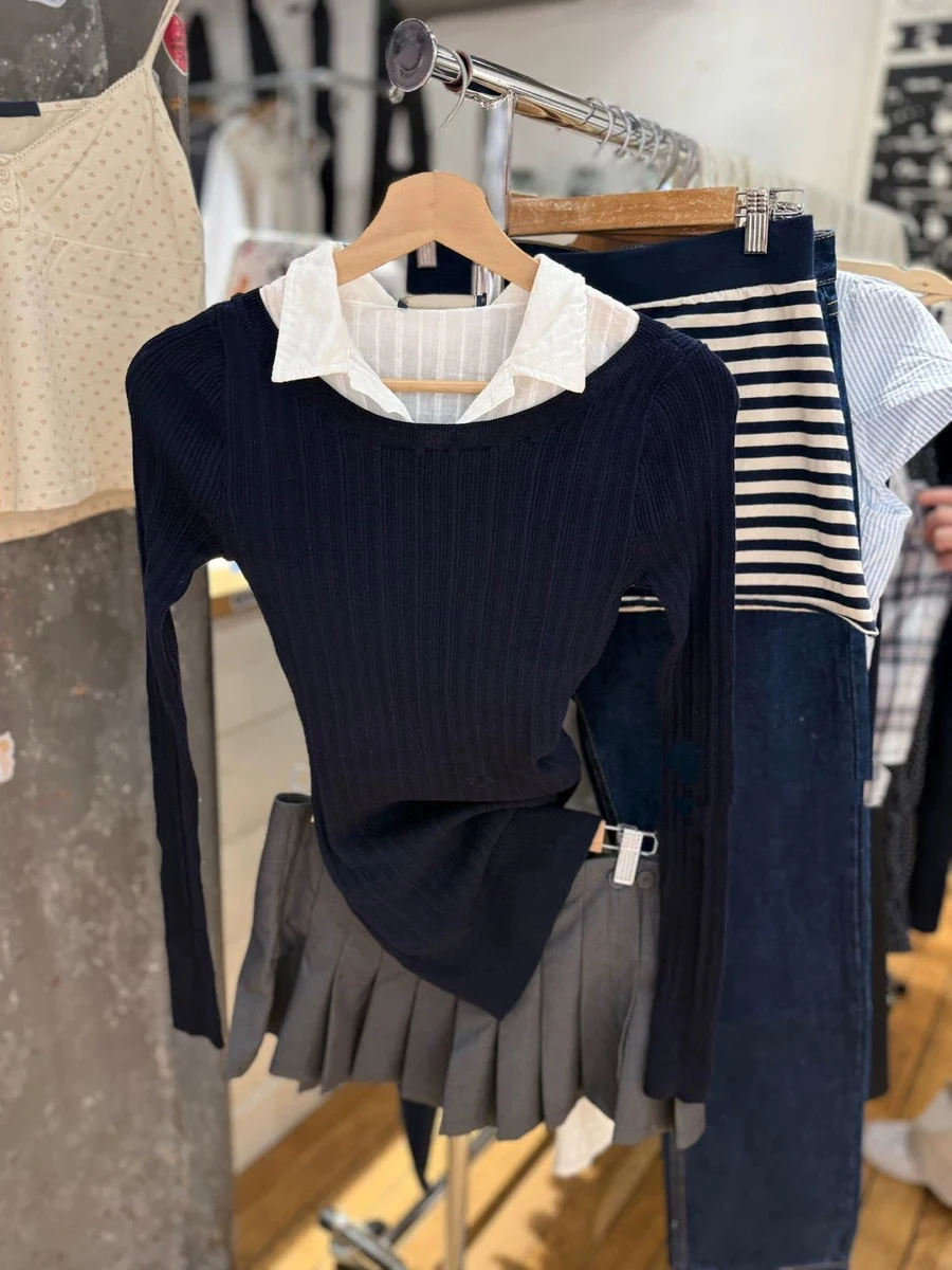 Новые ребристые темно-синие трикотажные футболки с длинными рукавами, женская хлопковая тонкая базовая футболка с U-образным воротником в консервативном стиле, милый винтажный простой пуловер, топ 
Новые ребристые темно-синие трикотажные футболки с длинными рукавами, женская хлопковая тонкая базовая футболка с U-образным воротником в консервативном стиле, милый винтажный простой пуловер, топ