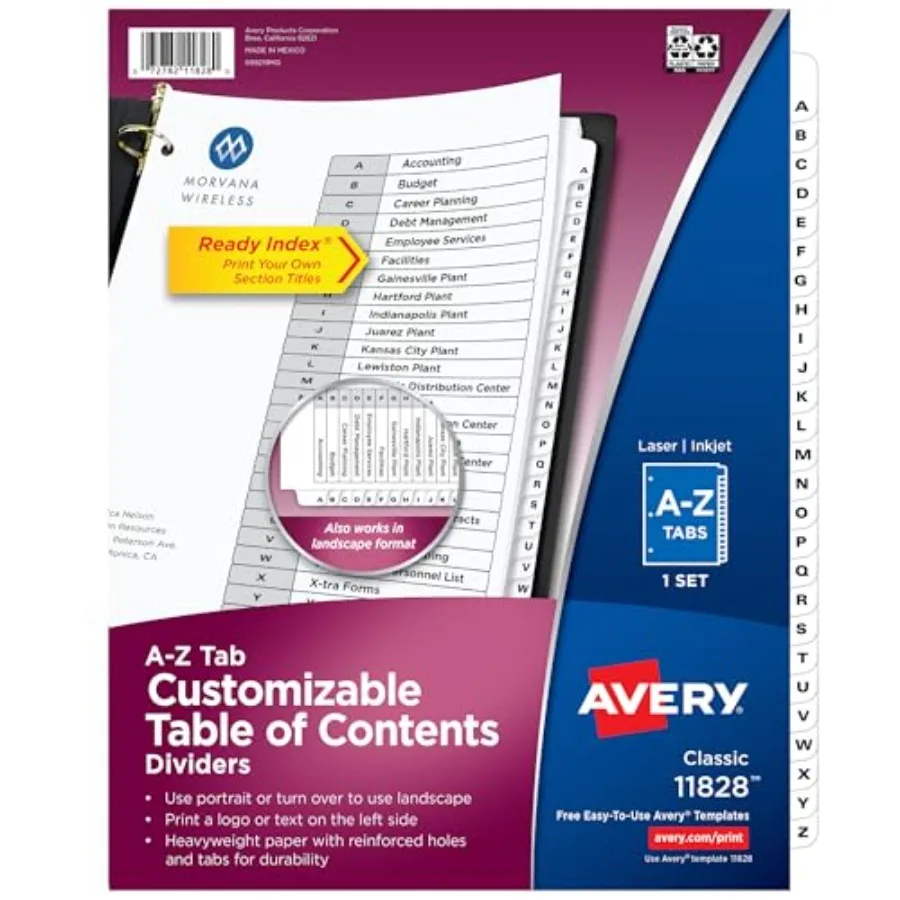 A-Z 26 Tab Dividers for 3 Ring Binders, Customizable Table of Contents, Classic White Tabs, 1 Set 11828
A-Z 26 Tab Dividers for 3 Ring Binders, Customizable Table of Contents, Classic White Tabs, 1 Set 11828