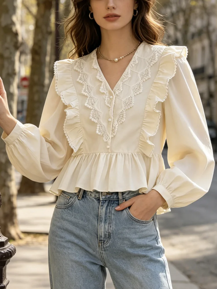2026 Autumn Elegant Casual Button Shirts Spring Women V-neck Long Sleeve Solid Color Ruffles Lace Blouse Fashion Pullover Top
2026 Autumn Elegant Casual Button Shirts Spring Women V-neck Long Sleeve Solid Color Ruffles Lace Blouse Fashion Pullover Top