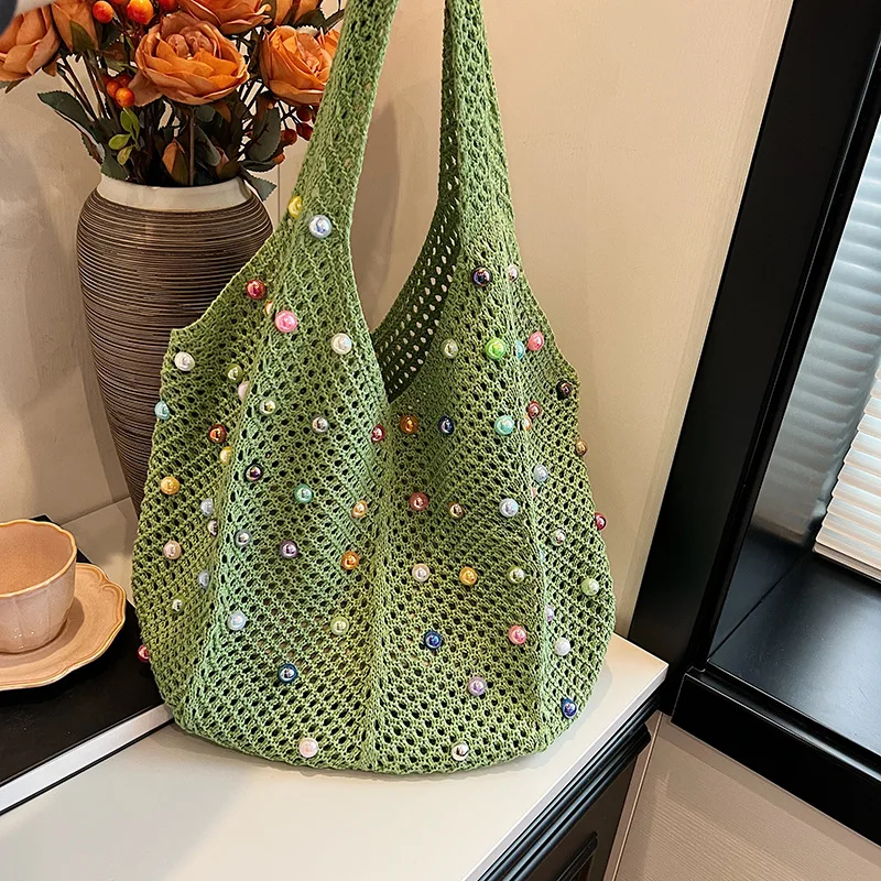 Boho Style Beaded Crochet Tote Bag, Spacious Hollow Knit Mesh Shoulder Bag with Multicolor Beads for Casual Summer Outings
Boho Style Beaded Crochet Tote Bag, Spacious Hollow Knit Mesh Shoulder Bag with Multicolor Beads for Casual Summer Outings