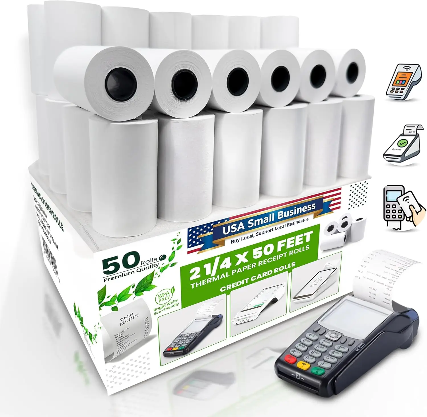 Thermal Paper Rolls for Credit Card Machines, BPA-Free, 2 1/4" x 50 ft, Pack of 50 - Fits All Standard Terminals
Thermal Paper Rolls for Credit Card Machines, BPA-Free, 2 1/4" x 50 ft, Pack of 50 - Fits All Standard Terminals