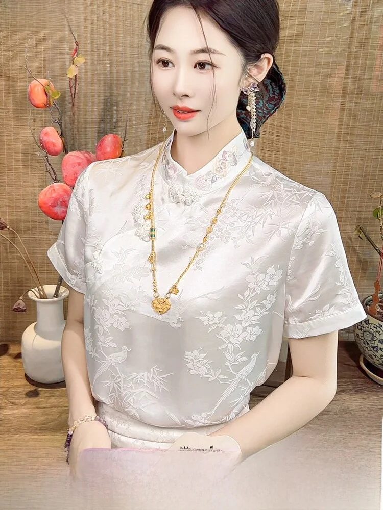 New Chinese Style Set Silk Short Sleeve Women's Shirt Xiangyun Silk Gentlewoman Loose Fit Printed Casual Summer Top
New Chinese Style Set Silk Short Sleeve Women's Shirt Xiangyun Silk Gentlewoman Loose Fit Printed Casual Summer Top
