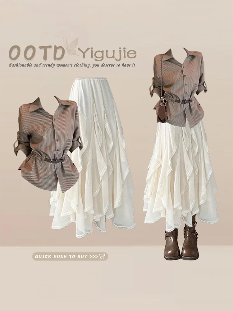 Retro Collar Shirt Waist Cinched Lace Trimmed Half Skirt Two Piece Set Women's Summer Fashion Outfit Striped Long Sleeve
Retro Collar Shirt Waist Cinched Lace Trimmed Half Skirt Two Piece Set Women's Summer Fashion Outfit Striped Long Sleeve