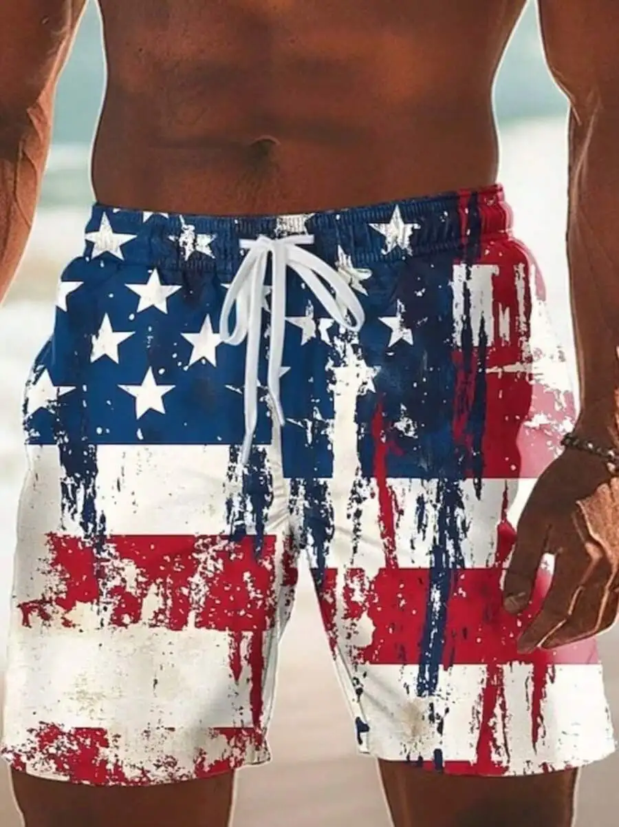 Mens American Flag Print Swim Trunks With Side Pockets And Drawstring Waist
Mens American Flag Print Swim Trunks With Side Pockets And Drawstring Waist