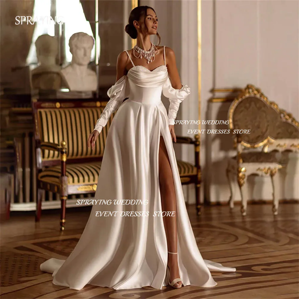 SPRAYING Vintage Sweetheart Sparkly With Beads Spaghetti Strap Satin Bridal Gown Long High Slit Corset Wedding Gowns Customized
SPRAYING Vintage Sweetheart Sparkly With Beads Spaghetti Strap Satin Bridal Gown Long High Slit Corset Wedding Gowns Customized